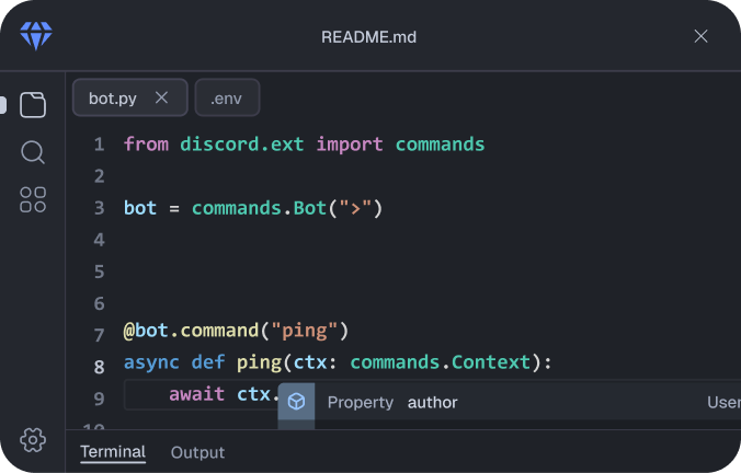 BDM Code Editor showing a Python Discord bot file with autocomplete